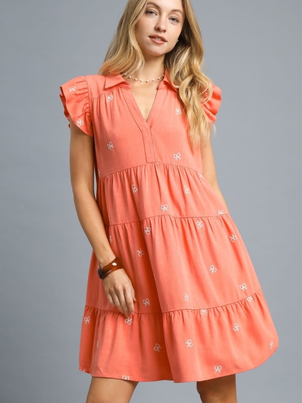 UMGEE Tiered Coral Flutter Sleeve Dress with Embroidered Bows
